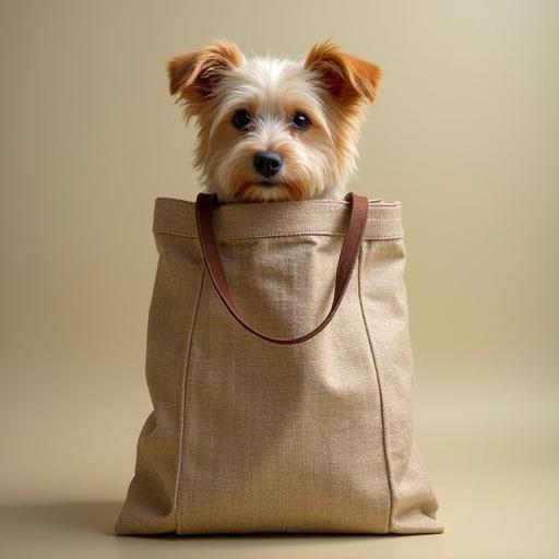 A dog is sitting inside an eco-friendly bag. The bag is beige with a brown handle. The setting is simple and clean.