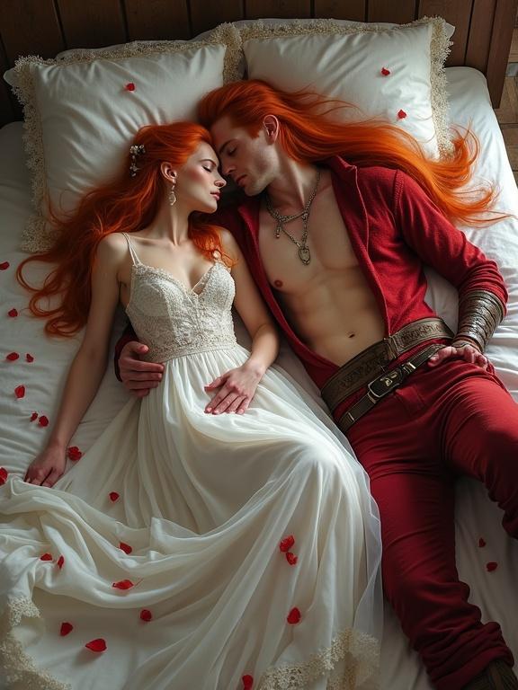 Couple lies together in bed. Woman has ginger hair and wears a white wedding dress. Man is a tall elf with long crimson hair in a red fantasy outfit. Magic and red petals surround them. Their pose conveys passion and intimacy. The scene feels mystical and magical with vibrant colors and soft lighting.