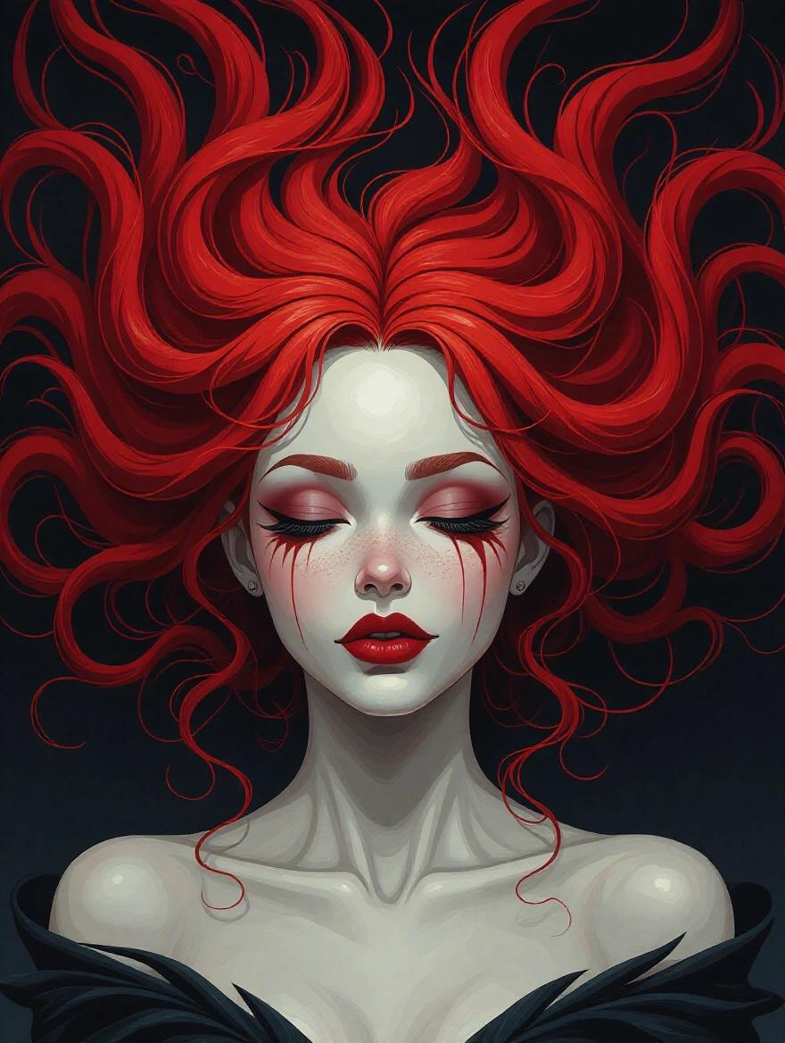 Highly detailed digital artwork of a woman with vibrant red hair and bold makeup. Close-up of her head and shoulders against a dark background. Hair flows outward like it's blown by wind. Eyes are closed with a serene expression and slight smile. Skin is pale enhancing the contrast with hair and makeup. Dramatic red eyeshadow gives an otherworldly look. Lips painted deep red matching her hair. Small earrings visible. Background is textured with red paint splatters blending with the hair.