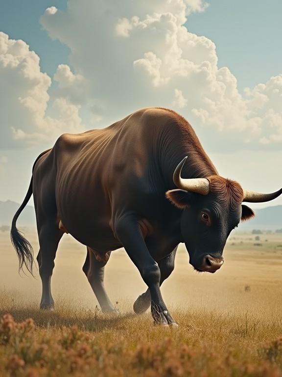 Realistic depiction of a fighting bull walking through a landscape with grassy fields and a bright sky