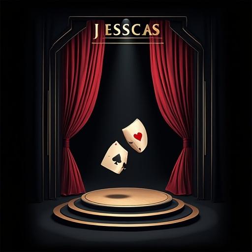 Design an artistic abstract print for a black T-shirt that represents JESSCAS, a luxury online casino. A central theatrical mask symbolizes luck. Stylized playing card motifs or dice are integrated. Abstract stage curtains reveal the center. A circular stage symbolizes performance. The name JESSCAS is in elegant serif style. Include 'online casino' in a refined font below. Subtle digital aspects hint at the online theme. Focus is center, with a symmetrical layout and rich visuals against a transparent background.