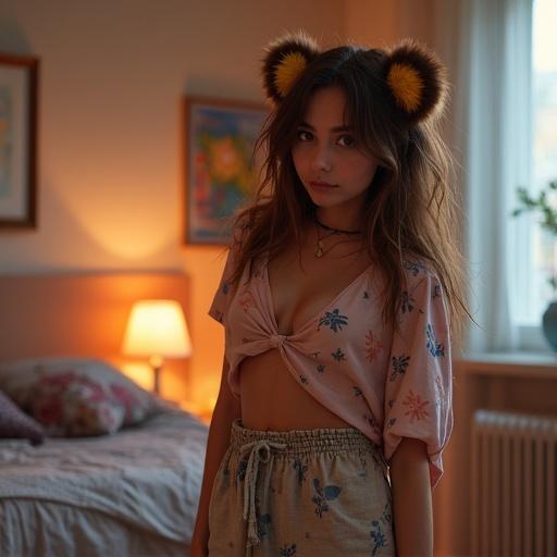Portrait of a full body female influencer. She wears bright boho clothing with nerdy vibes. Features brown hair and brown eyes. Located in a cozy gamer bedroom with warm lighting.
