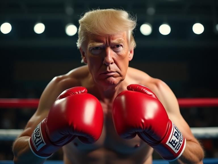 Donald Trump in boxing auditorium no shirt red boxing gloves red shorts facing camera gloves in front of chin ready to jab.