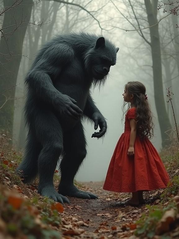 A large mythical creature stands on a forest path. A little girl in a vibrant red dress gazes at the creature. Surrounding trees create a misty atmosphere. The scene evokes a blend of wonder and unease.