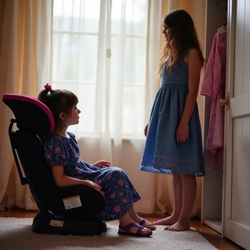 Image of a twelve-year-old girl with dark hair in braids wearing a dark blue dress with pink patterns sitting in a child safety seat in her bedroom. She looks at her mother who is standing by the wardrobe selecting a new dress.