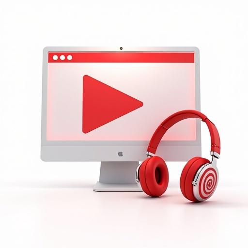 Promotional image featuring a computer monitor and red headphones. White background. Red play button displayed on the monitor. Professional design with a focus on audio and visual elements. Suitable for subscription service advertisement.