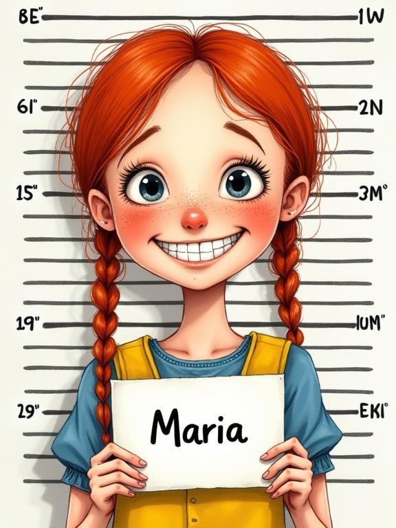 Illustration of Maria in a mugshot style. Freckles on face. Toothy grin showing happiness. Red hair in plaits. Wearing a blue and yellow dress. Holding a paper with her name on it. Scene is whimsical and highly detailed. Backdrop is typical for mugshots, rendered in a storybook style. Looks like a digital watercolor illustration.