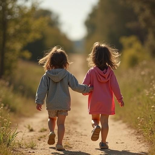 Two girls run down a dirt path in nature. They hold hands and wear cozy hoodies. The sun shines brightly creating a warm atmosphere.