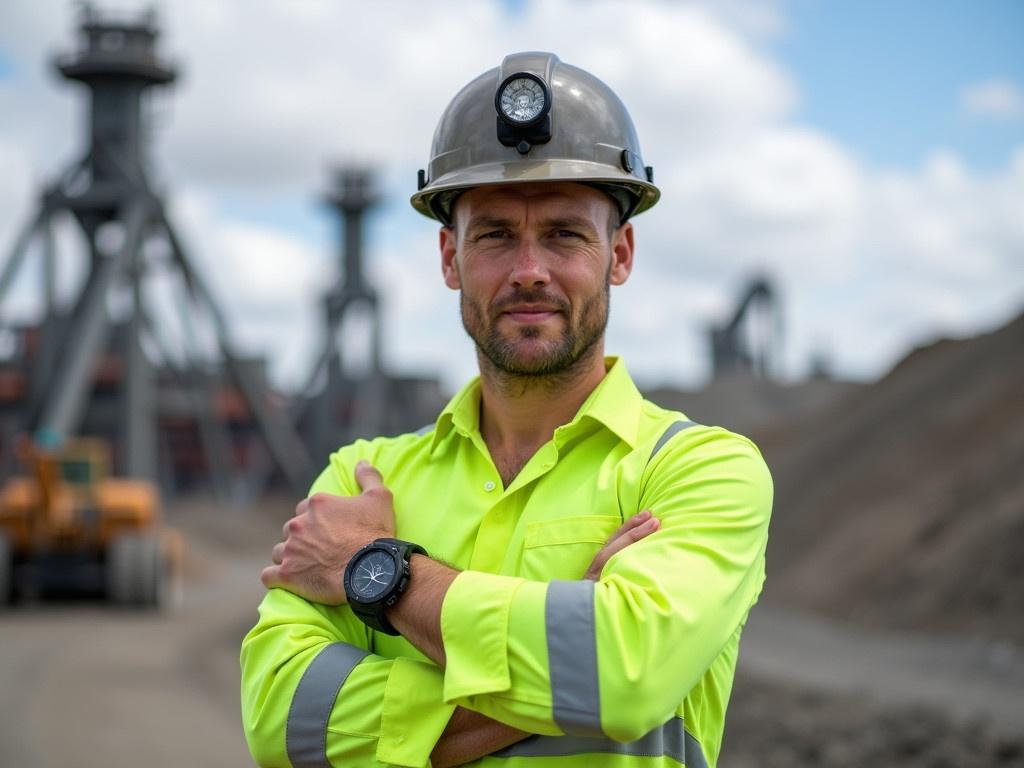 A construction worker is posing for a photo at a job site. He is wearing a safety helmet with a built-in LED light, indicating he is in an active work environment. The man is dressed in a high-visibility lime green shirt with long sleeves, and he is showing his wrist adorned with a rugged smartwatch. The background shows large industrial structures, indicating it's likely a mining or heavy construction site. The sky is partly cloudy, completing the scene of a working day. The worker has a focused expression, showcasing his professionalism and dedication to safety.