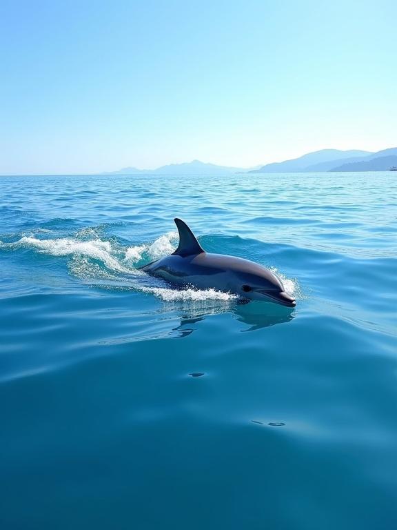 Photograph depicts a dolphin partially submerged in the ocean. Capture taken from a boat. Clear blue waters with gentle waves. Dorsal fin and part of dolphin's head visible above the water surface. Sunlight reflects off the water. Slight water spray around the dolphin. Distant horizon shows faint outlines of land and mountains. Clear blue sky with bright daylight. Calm and serene atmosphere. High quality and sharp details capture the beauty of marine wildlife.