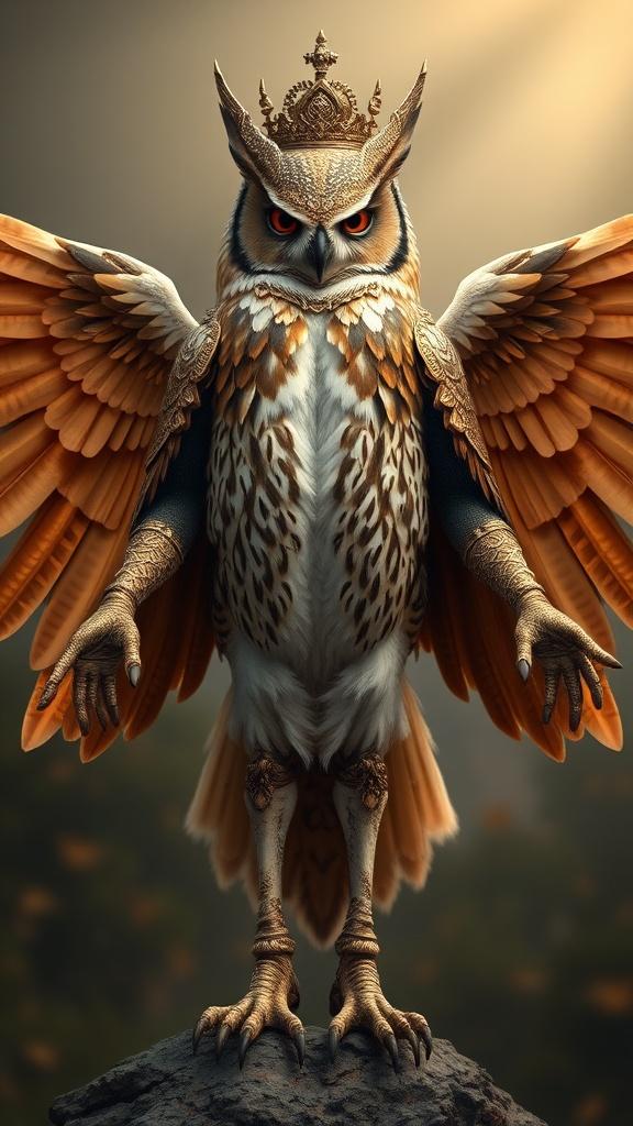 This striking digital illustration features an owl depicted with regal elegance, wearing a golden crown and anthropomorphic features. The owl stands on a rocky perch with its wings outstretched, giving it an appearance of authority and grandeur. Its piercing eyes and intricate feather patterns, combined with the warm tones and divine lighting, create a sense of majesty and mystery.