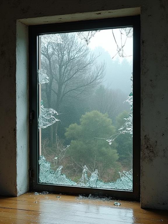 A large window with broken glass. The shards are breaking outward. The scene shows a foggy landscape outside.