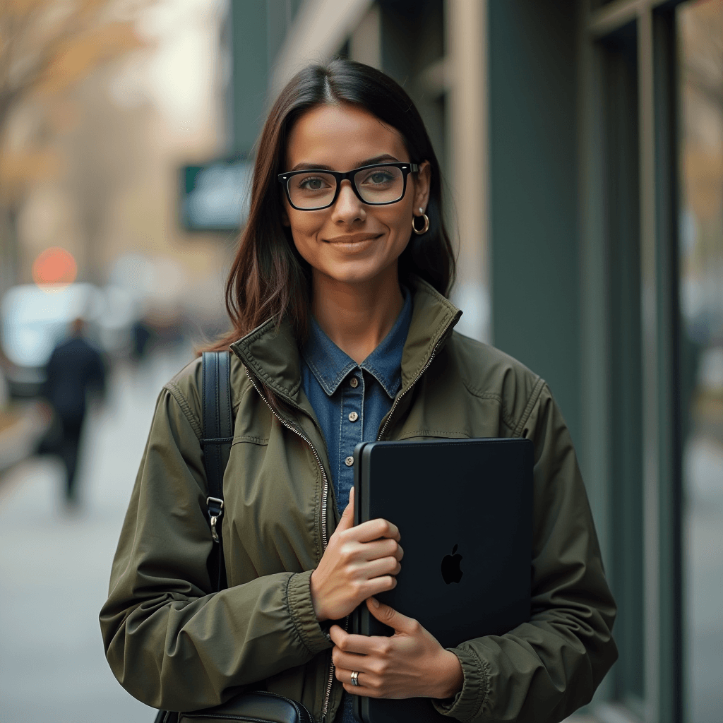 A woman with glasses stands outside in a city, holding a laptop and smiling.