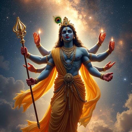 Ultra HD hyper-realistic image of Lord Krishna in divine form. Multiple arms carry weapons. Celestial background with galaxies and stars. Dressed in golden clothes and a peacock crown.
