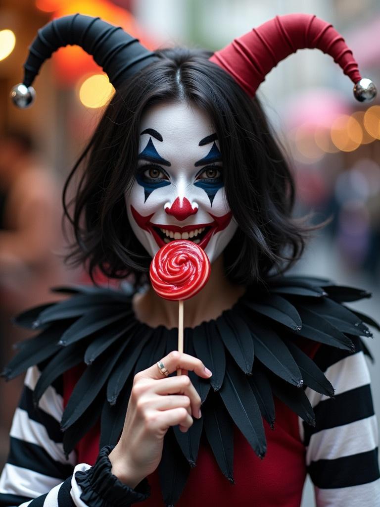 A character dressed in Laughing Jack costume is holding a red lollipop. The attire includes black feathery shoulder decorations and black and white striped sleeves. The character has middle-length black hair. This scene has a carnival atmosphere.