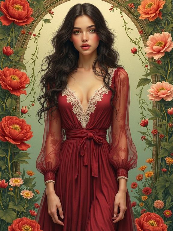 3D art nouveau illustration style reminiscent of Alphonse Mucha. A captivating woman stands in a lush garden filled with vibrant flowers. She wears a burgundy linen dress with lace embellishments. Warm soft light enhances the delicate details. The background is a tapestry of flowers and vines.
