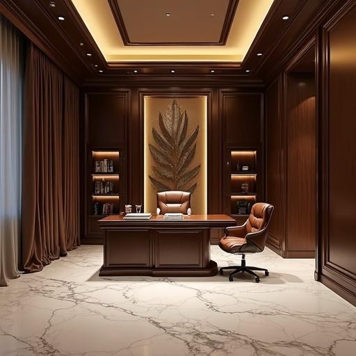 Luxurious office interior design features hidden lights marble floor luxury desk leather chair intricate details