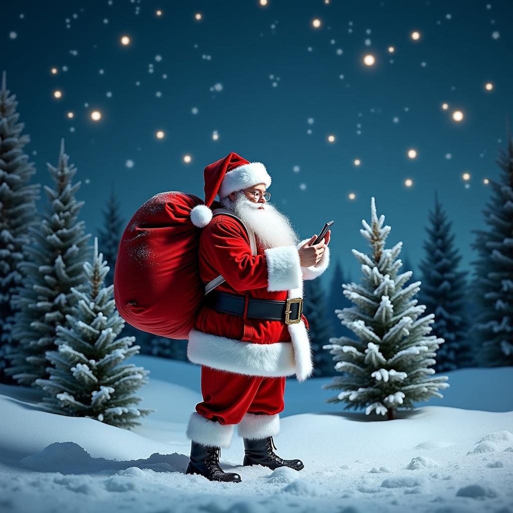 Santa Claus stands in a snowy landscape with a large red sack. He is using a mobile phone. Dressed in a traditional red outfit with boots. Night sky filled with twinkling stars. Snow covers the ground amid pine trees for a festive vibe.