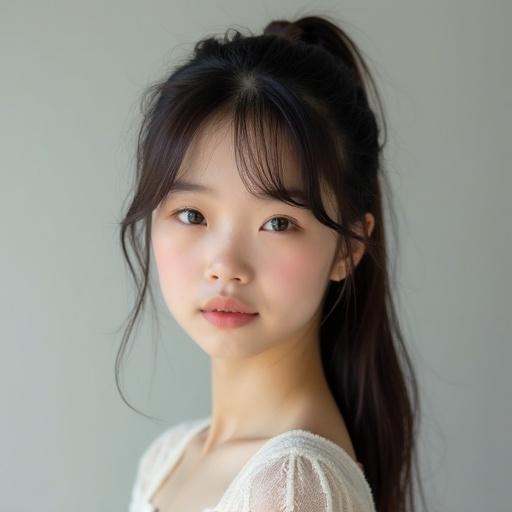 Beautiful young woman with a ponytail. Wearing a soft, light top. Fair skin and youthful appearance. Natural look.