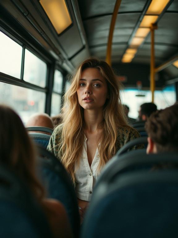 Amateur shot of a bus interior. A pretty woman stands in the middle row, casual appearance. Slightly tilted angle. Poor clarity and soft edges.