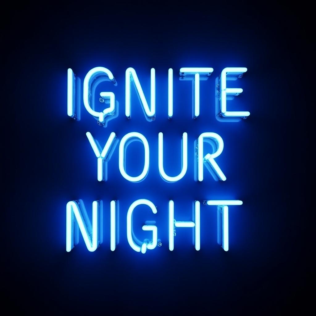 The image features a vibrant neon sign that reads 'IGNITE YOUR NIGHT' in blue light. The text is arranged in an easy-to-read format, creating an engaging atmosphere. The background is dark, which enhances the glow of the neon. This visual is perfect for promoting nightlife events. It captures the essence of excitement and energy associated with nights out.