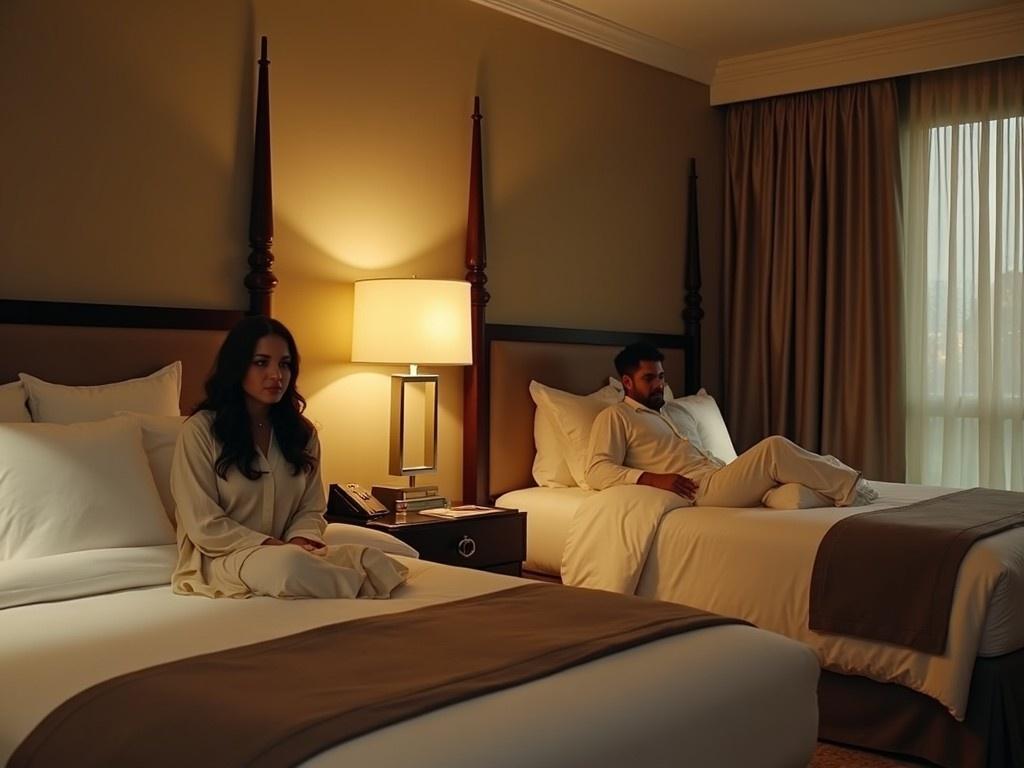 In a cozy hotel suite, Taj and Baya, a couple whose marriage was arranged for convenience, find themselves navigating their new life together. The suite has two beds, allowing them space yet emphasizing their separation. Baya appears contemplative, reflecting on their situation, as Taj sits nearby, absorbed in his own thoughts. The room is softly lit, creating a warm atmosphere that contrasts with the tension between them. Despite the comfort of their surroundings, both are aware of each other's presence, adding to the complexity of their relationship.