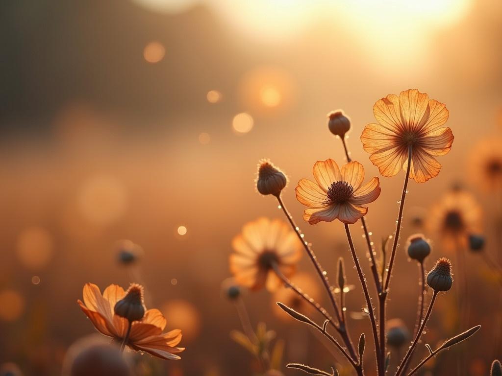 An autumn landscape nature background is featured. Dried flowers can be seen with sparkling water drops after a light rain on the field. The composition allows for a beautiful banner-style image. The focus is selective, highlighting the intricate details of the flowers. Gentle hues of orange and brown create a warm atmosphere. Soft bokeh surrounds the flowers, giving the scene a dreamy quality.