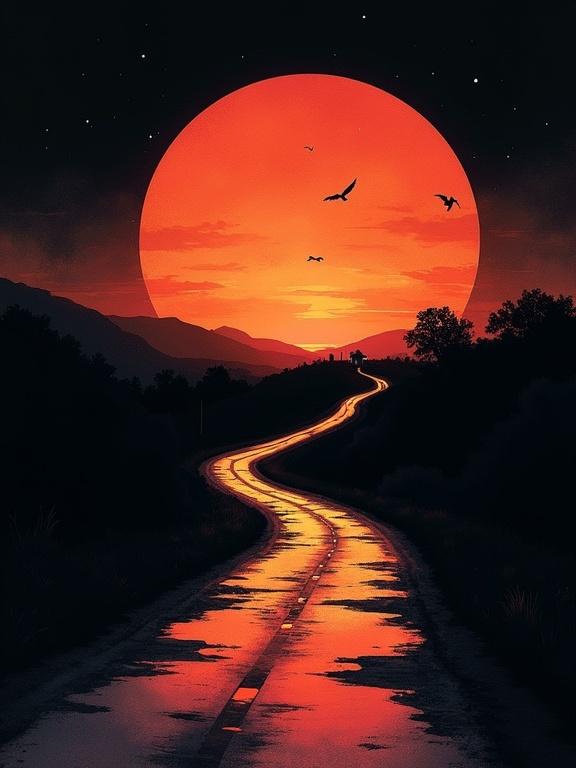 Digital painting of a winding road under a large red sun at sunrise. The scene captures a sense of peace after sadness. The road is wet with puddles reflecting the colors of the sun, leading to a small country town in the distance.