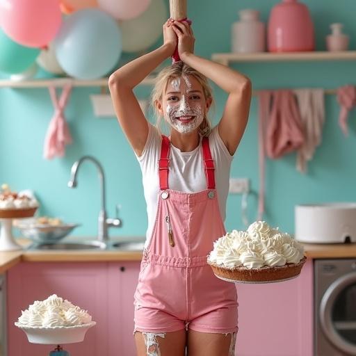 Young woman stands in a pastel pink and blue kitchen. Hands bound above head to a pole. Wears pink latex overall shorts streaked with cream. Face covered in pie remnants. Blond woman in red latex shorts holds two overflowing cream pies. Vibrant party atmosphere with balloons and cake stands. Playful and chaotic scene full of childlike joy.