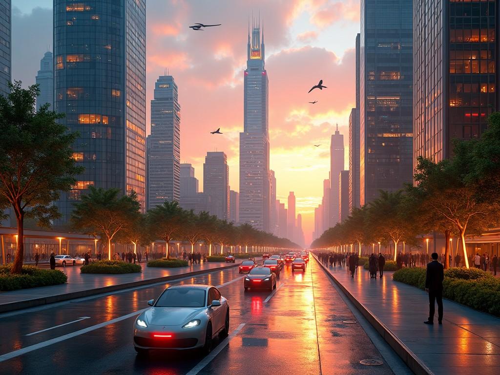 This image depicts a vibrant urban street scene at sunset, showcasing towering skyscrapers and modern architecture. The sky has a warm orange glow, contrasting with the blue tones of the buildings. Cars are seen moving slowly along the wet pavement, mirroring the colors of the sky. Lush greenery lines the street, creating a lively urban atmosphere. People can be seen walking along the sidewalks, enhancing the feeling of a bustling city.