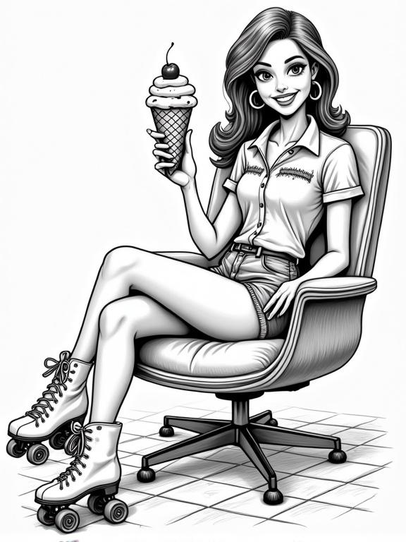 A black and white coloring page featuring a cheerful ice cream waitress seated in a stylish armchair. She wears vintage 1970s attire, includes roller skates, and holds a realistically sized ice cream cone with whipped cream and a cherry. The illustration showcases smooth lines and anatomical accuracy. The chair reflects mid-century modern design. The setting is lively with a retro diner vibe and no color or shading, just bold black outlines.