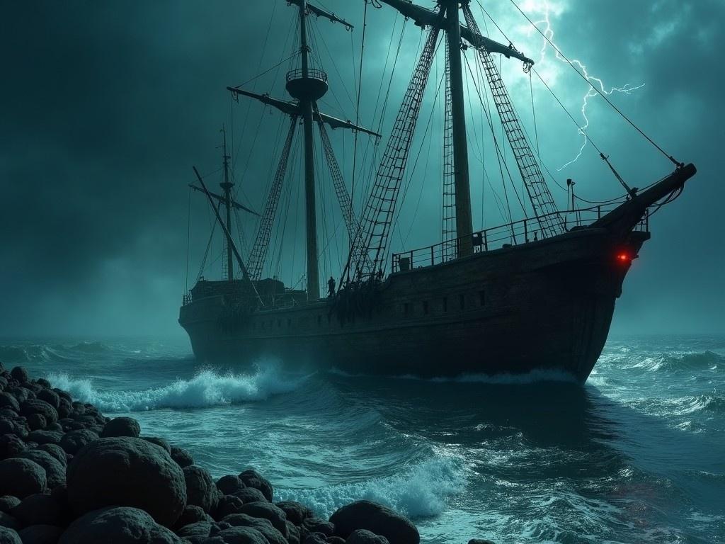 This image depicts a realistic and eerie scene in a 16:9 ratio, featuring a stormy sea with an old, abandoned sailing ship stranded near a rocky shore. The ship appears damaged and weathered, with spooky wooden crates scattered across its deck. A shadowy figure resembling Dracula lurks in the darkness, their glowing red eyes piercing through the shadows. The atmosphere is ominous and haunting, created by frequent flashes of lightning illuminating the stormy sky. This scene evokes feelings of fear and mystery, conveying an intense, supernatural vibe.