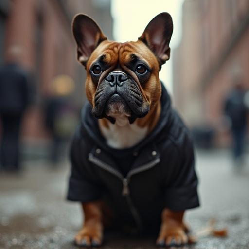 A brown French bulldog with unique slanted eyes and a black stripe, muscular in the chest and tapering at the back, dressed in rapper style in the Bronx neighborhood.
