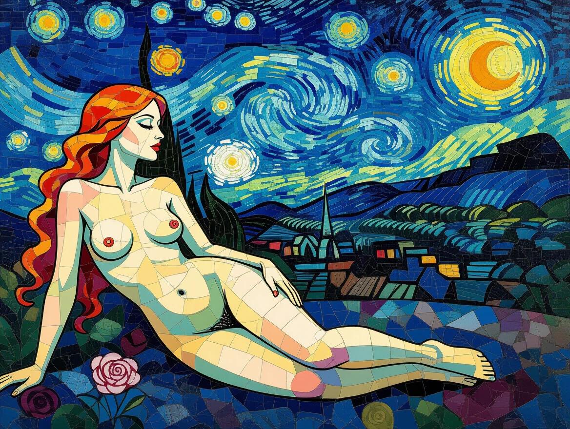 Mosaic depiction of a nude figure reclining in a starry night scene. The background features swirling skies and a village, inspired by famous artists.
