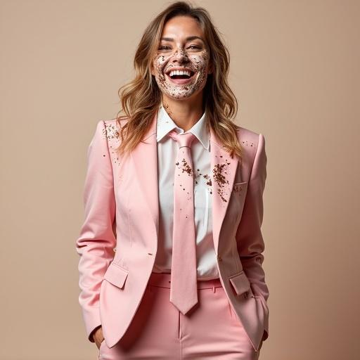 Photo of a woman in a satin pink business suit with a white blouse and pink tie. She is covered in chocolate cream from a pie. Her clothes are messy, dripping, and dirty. She has a surprised and amused expression. The lighting is even and the composition is straightforward. The atmosphere is playful and humorous with a bit of chaos.