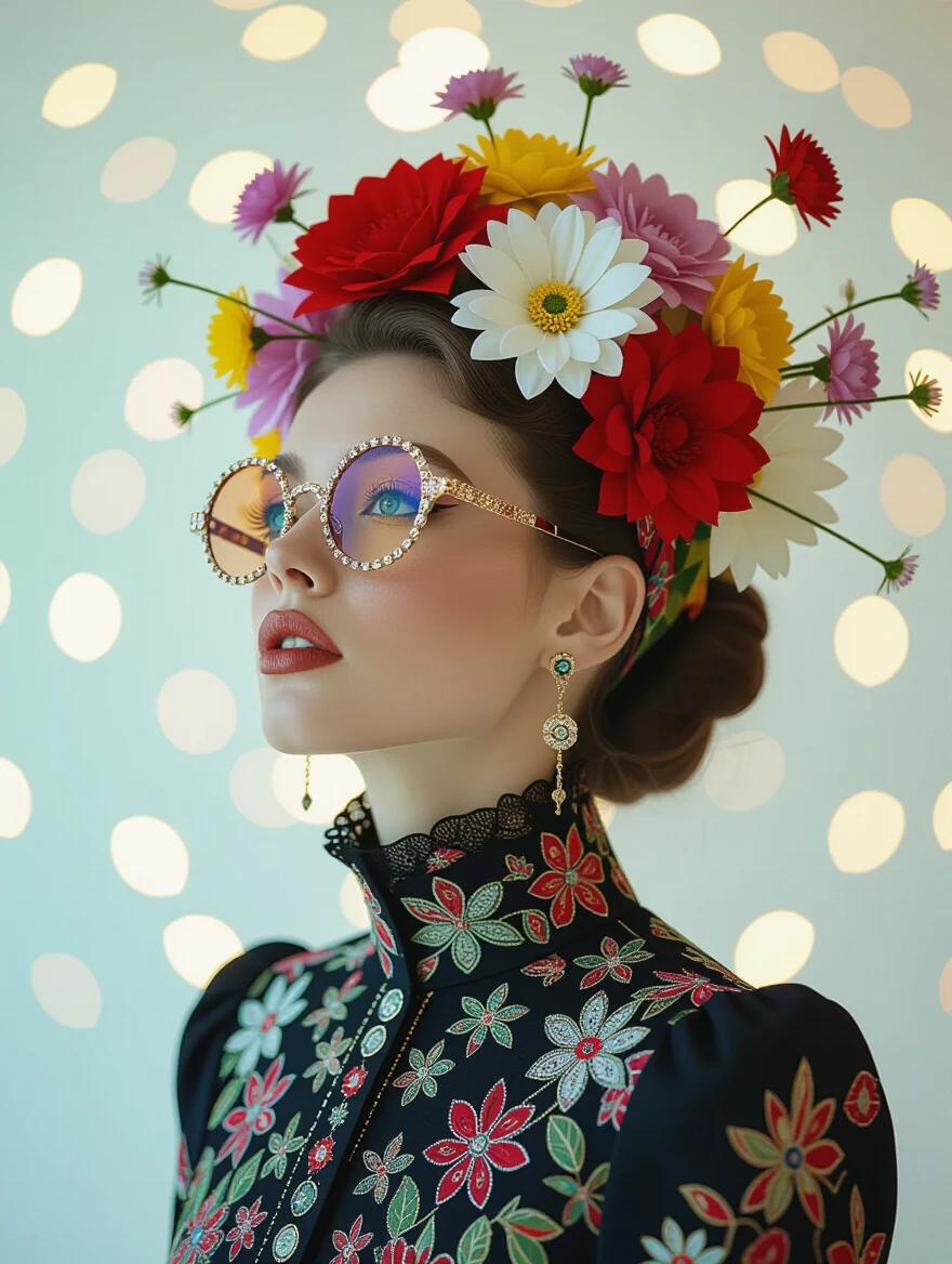 Three-quarter view of a model with an elaborate floral headpiece. The gaze is directed upwards. The background features soft bokeh. The attire is richly embroidered and colorful. The image explores the blend of art and fashion with a focus on creativity and self-expression.