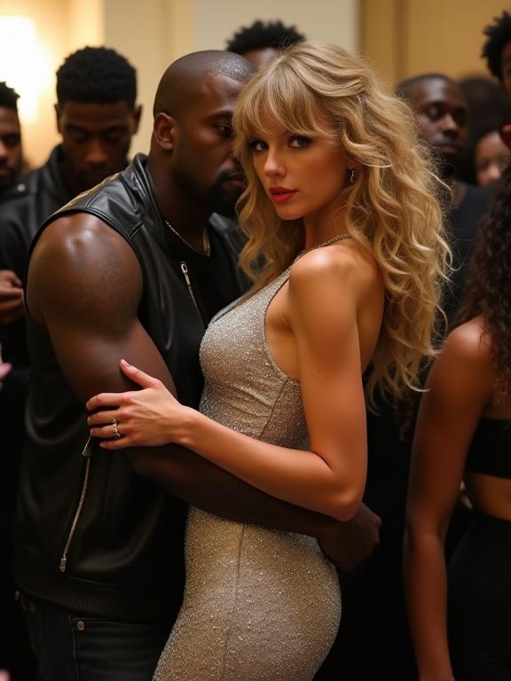 Taylor Swift and Kanye West in a crowded hotel room after an awards show. Taylor Swift has long light blonde curly hair styled in her Fearless Era. She is wearing a sparkly silver dress and cowboy boots. Kanye West is in a black leather vest. They are very close, Taylor looks dazed and intoxicated. Other men crowd around them. Full body shot.