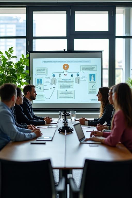 Image shows professional business meeting in modern conference room. Diverse group seated around long table. Engaged in discussions showcasing collaboration. Large windows provide view of city and natural light. Green plants enhance atmosphere. Screen in background displays presentation.