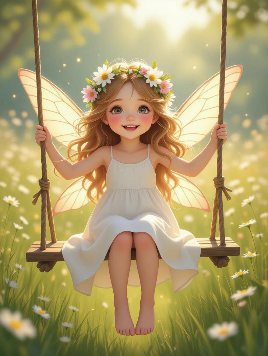 A fairy girl with long golden wavy hair wearing a flower crown and a white dress. She swings on a wooden swing in a meadow. Feet lifted in the air. Laughing with a happy expression. Surrounded by wildflowers and glowing particles. Big sparkling eyes and soft pastel colors. Ultra-realistic with cartoonish look. Warm summer light enhances the mood.
