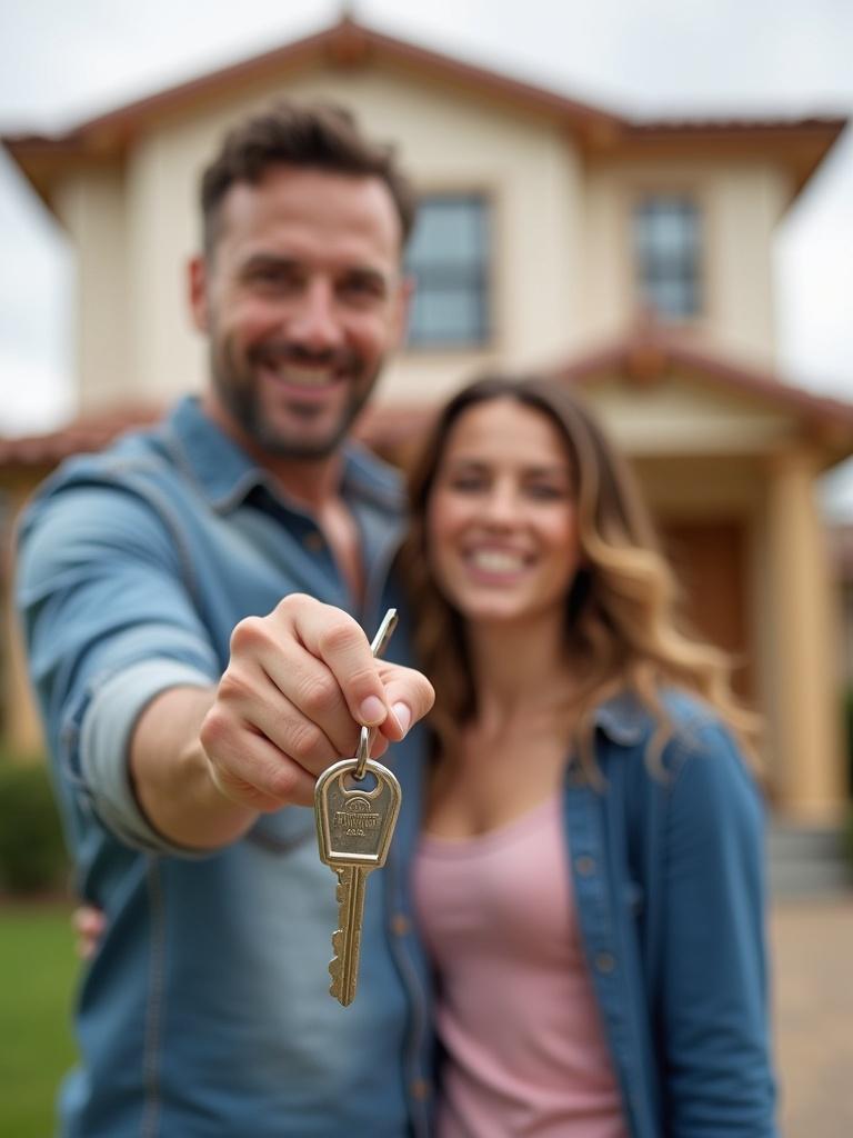 A couple stands in front of their new home. They hold a key towards the camera. The house is in the background. The scene conveys happiness and accomplishment.