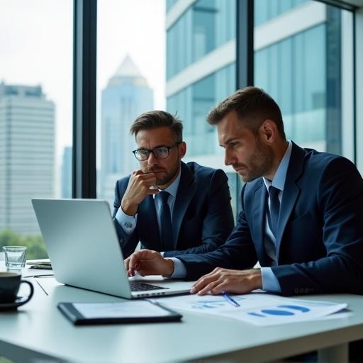 Modern office has large glass windows and skyscrapers. Camera angle slightly top-down and diagonal. Two businessmen in suits. One rests chin on hand, serious expression, staring at laptop. The other points at screen with a pen, explaining. Desk has notebook, pen, printed charts, coffee cups. Highly realistic lighting and natural materials.