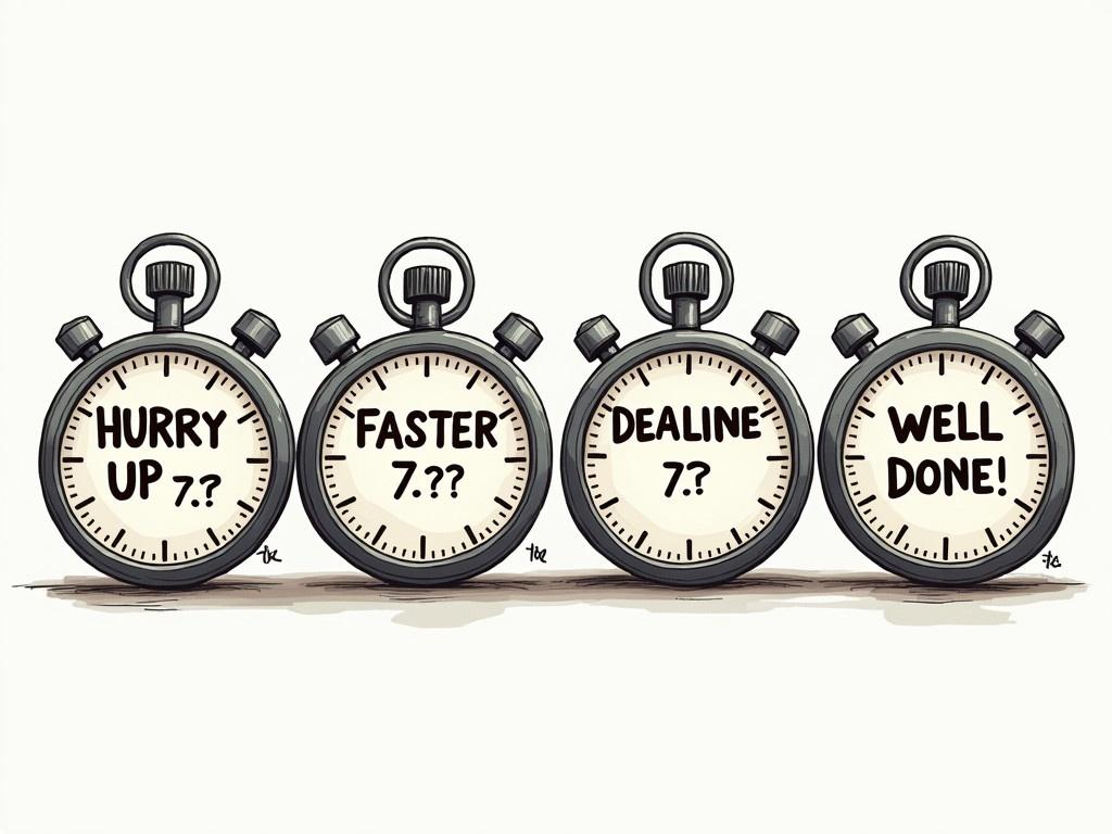 Create an illustration of four stopwatches lined up next to each other. Each stopwatch should have a bold label over it. The first stopwatch will have the words 'HURRY UP !!!' prominently displayed. The second one will read 'FASTER !!!' in the same eye-catching style. The third stopwatch should feature the word 'DEALINE !!!', drawing attention to the urgency of the situation. The last stopwatch will say 'WELL DONE!' suggesting a sense of accomplishment. All stopwatches should have a metallic look and an appealing design, with a similar background to keep them unified.