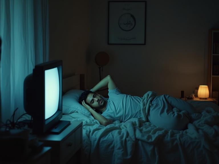 Lazy young man resting on his bed at night with an exhausted expression. He stares at a phone while TV light flickers. Room has Arabic-style elements and modern clutter. Realistic style and cinematic composition in 35mm photo format.
