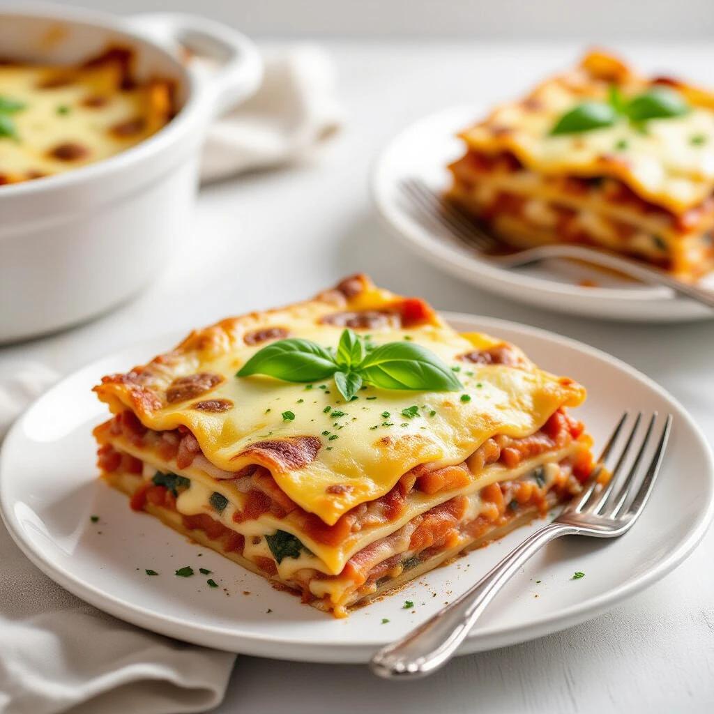 Image of layered lasagna with cheese and tomato sauce. Fresh basil garnish on top of lasagna. White plate presentation. Soft background with additional portions in a dish.
