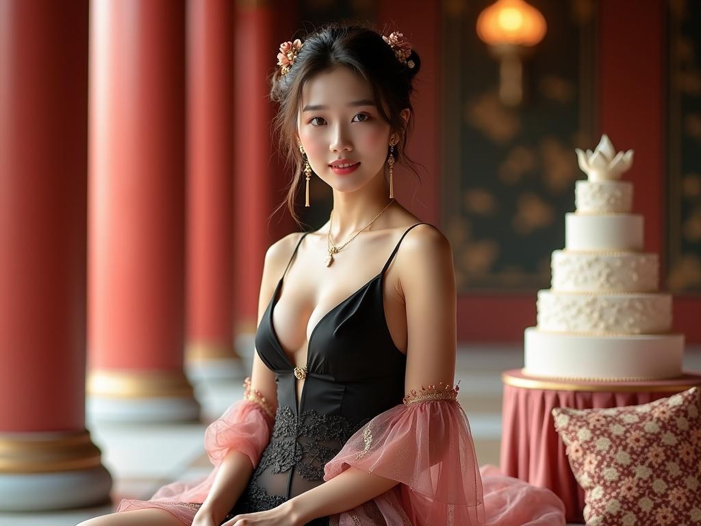 Beautiful young woman in tight black mini dress with high heels sits confidently. She poses in a luxurious wedding room with sunlight. Her sheer dress reveals undergarments. A large wedding cake and decorative pillows are in the background. The woman has glowing skin, pink blush, and large brown eyes with a confident gaze. Dark brown hair styled up with gold floral accessories. Wearing a shiny pink silk dress with gold embroidery. The fitted bodice enhances her figure. Her pose is graceful. Ancient Chinese temple with red pillars and golden lighting is visible. The scene feels warm and magical and is captured in ultra-realistic 8K resolution.