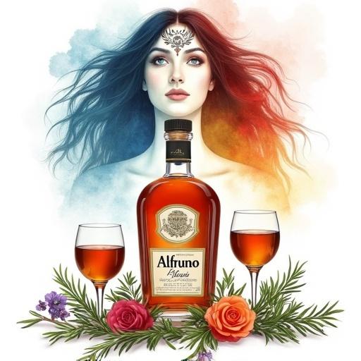 Stylized digital artwork featuring an apothecary-style bottle of Alfruno liquor. Two glasses filled with amber liquid are placed beside the bottle. Ethereal illustration of a woman's face appears above the bottle with flowing hair blending into vibrant colors. Ornate design on her forehead. Surrounding the elements are sprigs of rosemary and colorful roses.