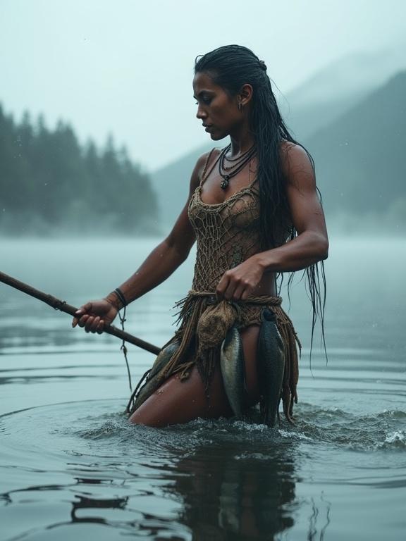 Photorealistic full-body portrait of a fierce young female huntress from a neo-stone age tribe. Standing waist-deep in a cold misty temperate lake at dawn, captured in the moment of throwing a primitive wooden harpoon towards a fish. Dynamic and powerful pose, body tensed and focused. Strong arms and determined expression. Long wet hair tied back with sinew cords. Decorated with bone beads. Wearing a handmade netted bark fiber blouse and a simple bark fiber skirt. Several freshly speared fish hang from a belt. Fog drifts over the water, forested shores and distant mountains. Soft cold natural light, realistic water splashes, no nudity. Pure primal survival focus.