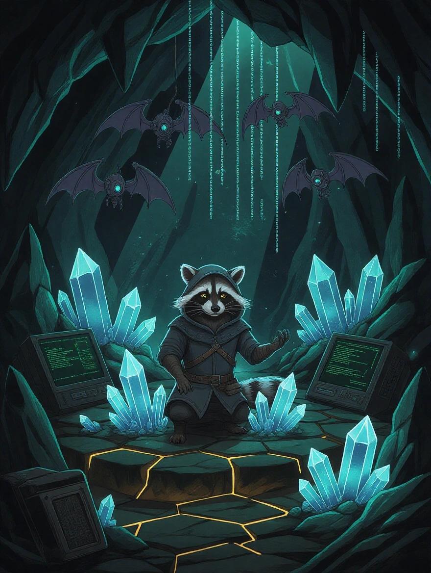 A hooded raccoon stands in a cave surrounded by glowing energy crystals and ancient computers. The floor glimmers with luminescent rocks. Digital symbols float overhead. Robotic bats hang from a cybernetic ceiling.