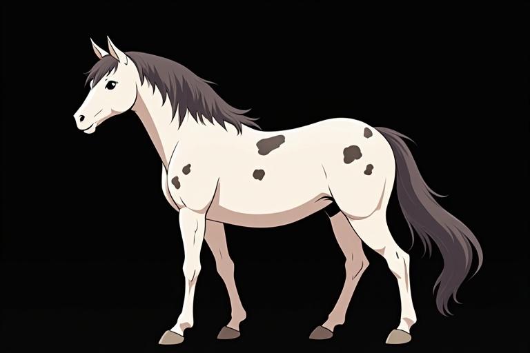 Appaloosa horse depicted in anime style with light-colored coat and dark spots against a black background.