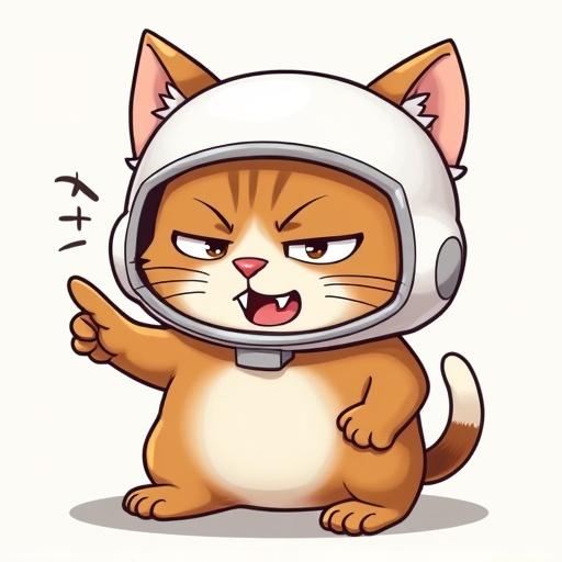 Lifelike illustrated cat wearing a white helmet. Cat has an angry expression with flattened ears and narrowed eyes. Cat shows fangs and points with paw. Style reflects genba neko aesthetics.